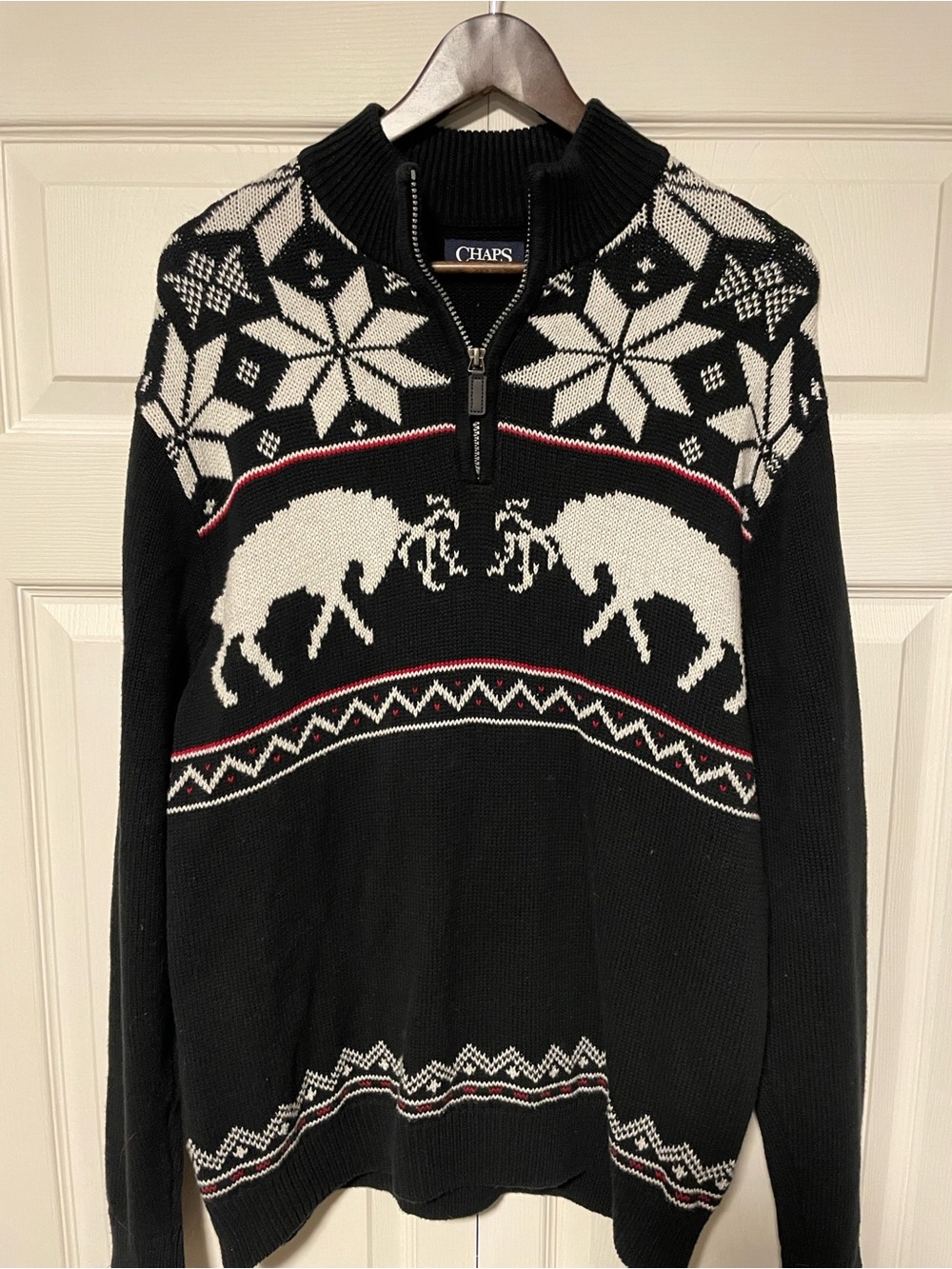 Chaps Men’s Black and Ivory Fair Isle Quarter-Zip Sweater with Red Accent